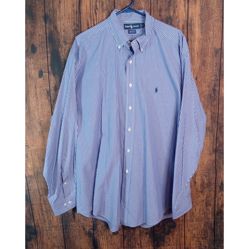 Ralph Lauren Yarmouth Mens 17 34/35 Blue White Striped Cotton Button Down Shirt